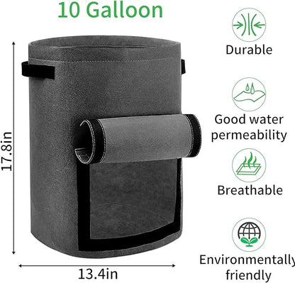 JJGoo 4 Pack Potato Grow Bags 10 Gallon with Flap, Heavy Duty Fabric with Handle and Harvest Window, Non-Woven Planter Pot Plant Garden Bags to Grow Vegetables Tomato, Dark Grey
