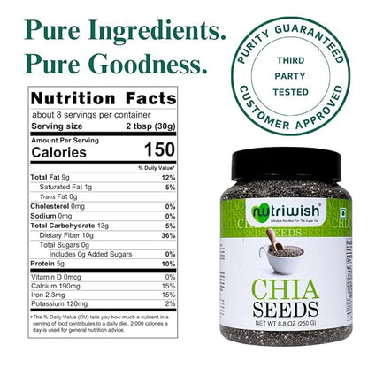 Nutriwish Raw Chia Seeds 250 g (8.8 oz) | Omega-3 Rich Superfood with Fibre, Antioxidants & Plant Protein | For Smoothies, Puddings, Baking & Healthy Vegan & Keto Diets