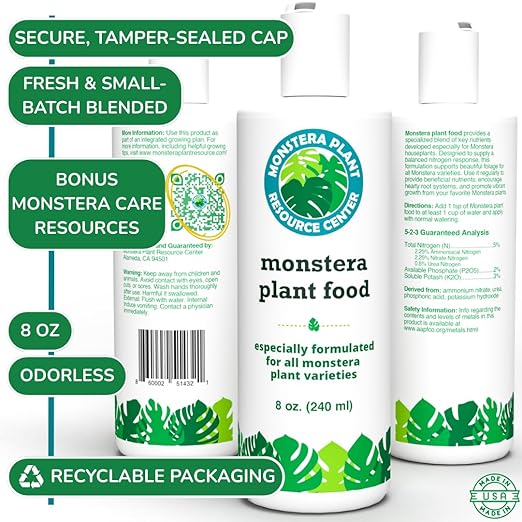 Monstera Plant Food - Premium Nutrient Rich Liquid Fertilizer (5-2-3 NPK) for Monstera Deliciosa & Other Tropical Plants | Supports Strong Roots & Large, Lush Leaves | Safe, Gentle, Easy-to-Use | 8 oz