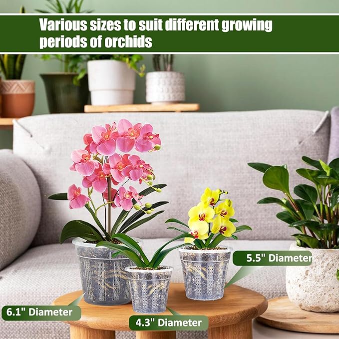 Orchid Pots, 9 Pack Orchid Pots with Holes and 12Pcs Plant Stakes, 3 Each of 4.3",5.5",6.1" Clear Plastic Plant Pot for Indoor Outdoor Plants(3 Each of 4.3",5.5",6.1")