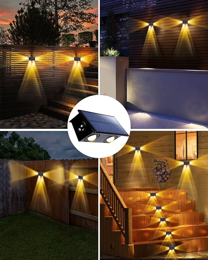 6 Pack 3-Side Solar Fence Lights Outdoor Waterproof with Warm White LED Spot Lens, for Wall, Deck, Patio, Yard, Rail, Garage, Pool, Designed for Enhanced Security, Easy Install