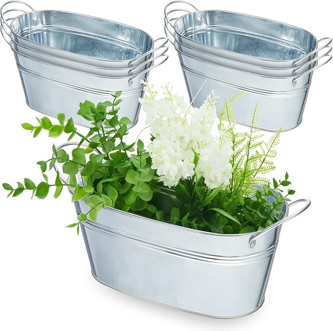 Sabary 6 Pcs Small Galvanized Oval Planters Tub Galvanized Buckets with Handle Oval Metal Pail Flower Pot Rustic Farmhouse Home Decor for Outdoor Party Wedding (9.84 x 5.31 x 4.33 Inch)
