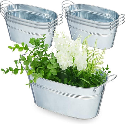 Sabary 6 Pcs Small Galvanized Oval Planters Tub Galvanized Buckets with Handle Oval Metal Pail Flower Pot Rustic Farmhouse Home Decor for Outdoor Party Wedding (9.84 x 5.31 x 4.33 Inch)