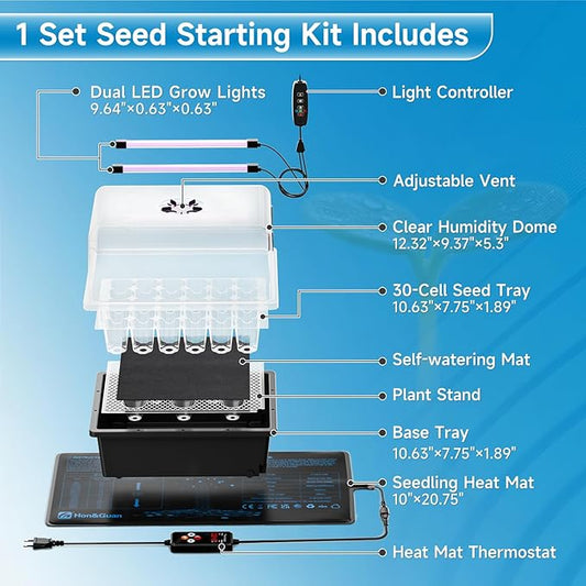 Hon&Guan 1 Pack Seed Starting Kit - 30 Cell Seed Starter Tray with Higher 5.3” Humidity Dome, LED Growing Lights and 10"x20.75" Seedling Heat Mat, Adjustable Vents - Germination & Plant Propagation