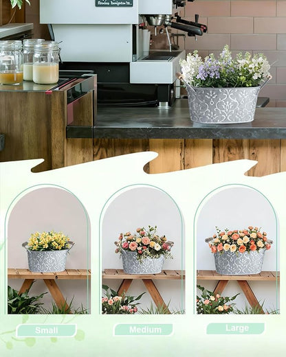 Galvanized Metal Oval Planter Buckets with Handles – Set of 3 Rustic Farmhouse Flower Tubs with Drain Holes & Plugs, Vintage Small Pots for Herbs, Succulents, Wedding or Tabletop Decor (Flower style)