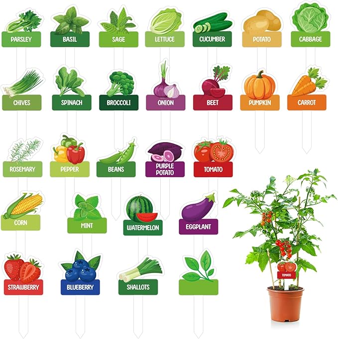 60pcs Vegetable Plant Label Signs - 26 Styles Garden Stakes Tags with Name & 8 Blank Markers Waterproof Fruit Plant Tag for Indoor Outdoor Garden Nursery Greenery Seedling Potted Plant Decoration