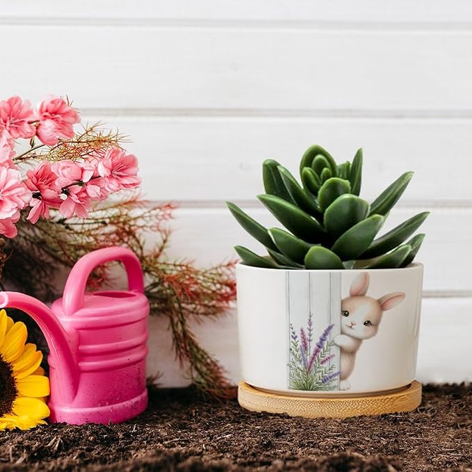 DreamAutumn Easter Bunny Peeking Ceramic Pots for Plants with Drainage Holes Round Flower Pot Bamboo Tray Orchid Pot Succulents Pots for Outdoor Indoor Plants
