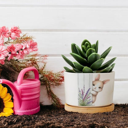 DreamAutumn Easter Bunny Peeking Ceramic Pots for Plants with Drainage Holes Round Flower Pot Bamboo Tray Orchid Pot Succulents Pots for Outdoor Indoor Plants