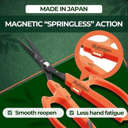 Saboten 6.3" Japanese Harvesting Shears, Magnetic Springless Assist, Fine-Tip Angled Blade, Fluorine-Coated Stainless Steel, Ergonomic Non-Slip Grip, Safety Lock, Made in Japan