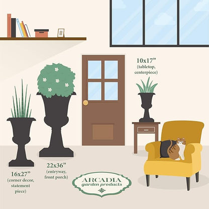 Arcadia Garden Products Plastic Garden Pedestal Urn, Set of 2 Classic Decorative Garden Pot Planter for Indoor and Outdoor Plants, 10” x 17”, Black