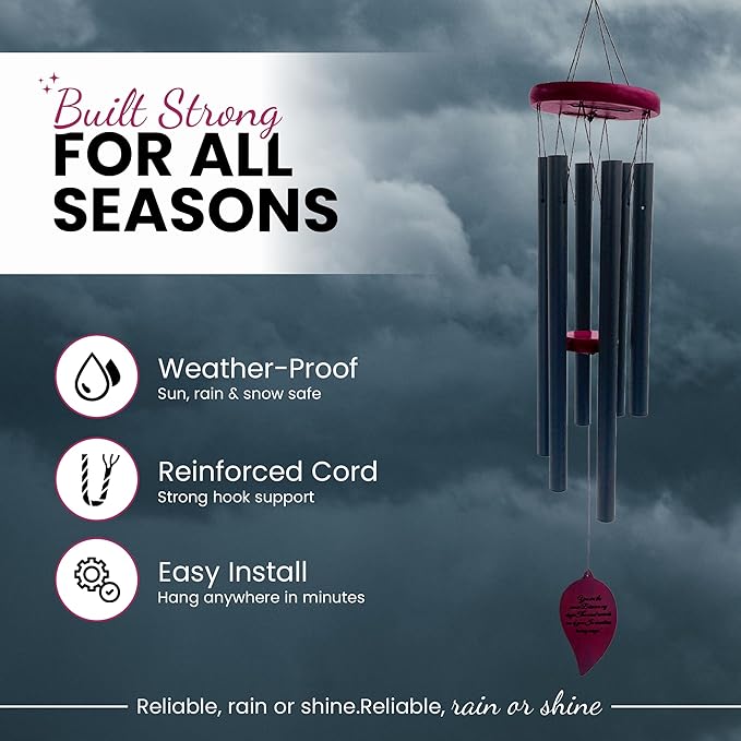 Memorial Wind Chimes for Outside - Aluminum Pipes & Pine wood Windchimes Outdoors - Sympathy Gifts for Loss of Loved One - Includes Letter from Heaven & Keepsake Keychain, Garden Decor - Black