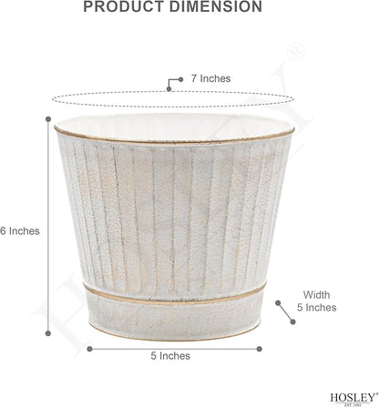 Hosley Metal Planters 7" Dia x 6" H Ideal Farmhouse Decor for Floral Arrangements Weddings, Gift Special Events Parties Outdoor Planters White wash