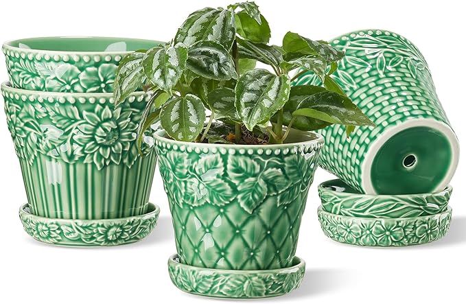 Ceramic Plant Pots, 4.9 Inch Flower Pots with Drainage Hole & Saucer, Decorative Planter Pots for Indoor Plants, Small Pots for Succulent, Catus, Home Decor, Set of 4, Green