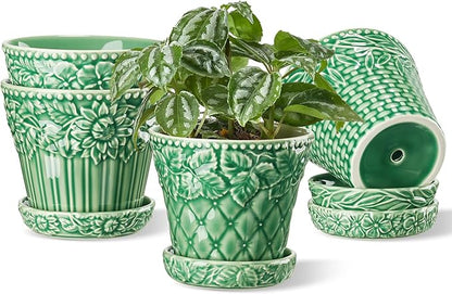 Ceramic Plant Pots, 4.9 Inch Flower Pots with Drainage Hole & Saucer, Decorative Planter Pots for Indoor Plants, Small Pots for Succulent, Catus, Home Decor, Set of 4, Green