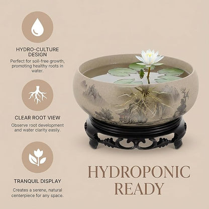Water Lily Bowl Planter - Narcissus Pot Ceramics Hydroponic Lotus Planter Ceramic Water Lily Pot with Stand No Drainage Plant for Plants Bonsai Display Lucky Bamboo Home Garden Decor Chinese Fish Bowl