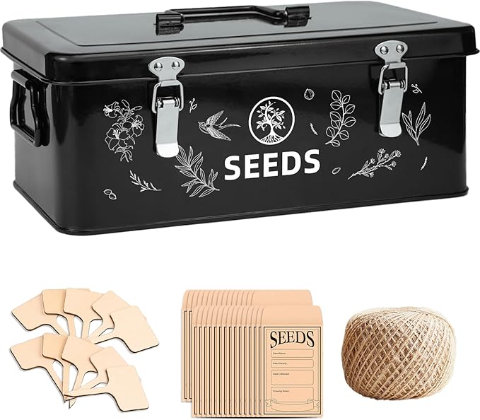 Seed Storage Box, Seed Storage Organizer with Garden String, 30 Seed Envelopes and Bamboo Plant Labels, 4 Compartments Garden Seed Organizer Box with Safety Locks, Black