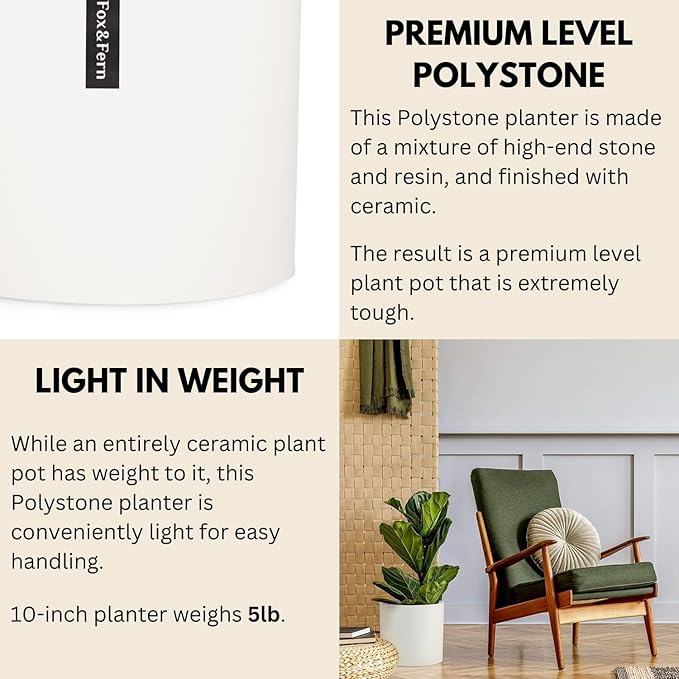 Fox & Fern 10 Inch Plant Pot with Drainage Plug — Premium Polystone Matte White Planter - Indoor & Outdoor Planter - 10 Inch Pots for Plants - Weather Resistant & UV Resistant