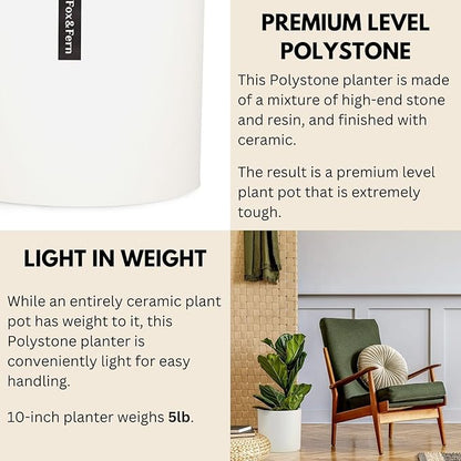 Fox & Fern 10 Inch Plant Pot with Drainage Plug — Premium Polystone Matte White Planter - Indoor & Outdoor Planter - 10 Inch Pots for Plants - Weather Resistant & UV Resistant