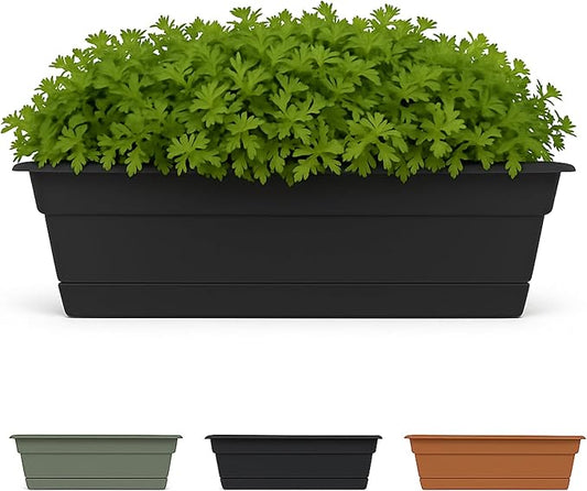 Bloem Dura Cotta 18" Black Resin Rectangle Window Box Planter with Saucer Tray for Indoor and Outdoor Gardening
