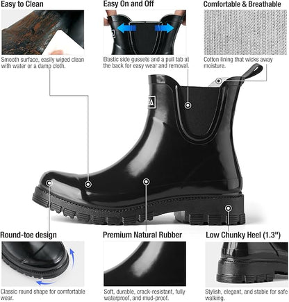 HISEA Ankle Rain Boots for Women Waterproof Chelsea Short Rubber Garden Shoes for Ladies Lightweight Fashion