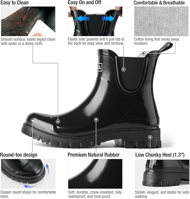 HISEA Ankle Rain Boots for Women Waterproof Chelsea Short Rubber Garden Shoes for Ladies Lightweight Fashion