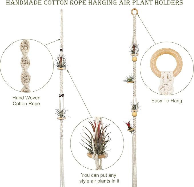 Tatuo 4 Pieces Hanging Air Plant Holders Boho Macrame Plant Hanger Fabric Woven Air Fern Display with 4 Pieces Hooks for Home Decoration Gift Idea