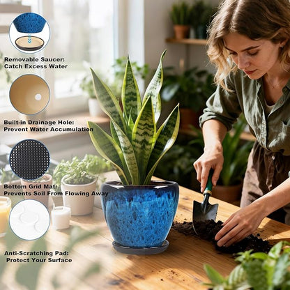 Ceramic Plant Pots with Saucer,8 inch Glaze Planters for Indoor Plants with Drainage Holes, Decorative Flower Pots Outdoor, Modern Orchid Pots for Home Room Decor