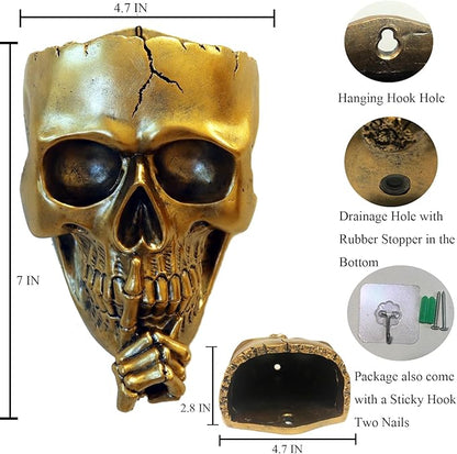 Gothic Skull Planter - Wall or Table Top, Unique Gold Skull Face Vase with Drainage, Spooky Indoor/Outdoor Plants