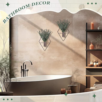 Jexine 4 Pcs Hanging Planters with Artificial Eucalyptus Metal Hanging Vase Indoor Plants Holder Modern Geometric Boho Bathroom Wall Decor for Living Room Home Office, Bronze