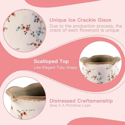 Ceramic-Planters-for-Indoor-Plants with Saucer, 6 inch Vintage Ice Crackle Glaze Plant Pots with Drainage Holes, Decorative Flower Pots for Outdoor Garden Home Decor, Tuscan Pot for Plant