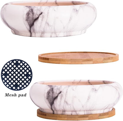 ARTKETTY Succulent Pots - 7.3 Inch Large Bonsai Pots with Drainage Tray, Ceramic Pots for Indoor Plants, Shallow Succulent Planters Marble Cactus Flower Plant Container Bowl