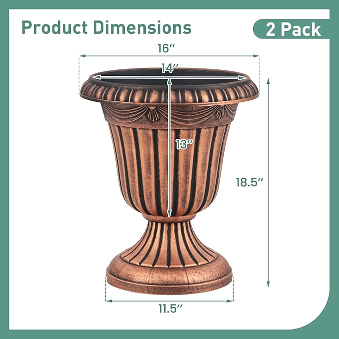 Giantex 18" Tall Vintage Planters Set of 2, Urn Plastic Flower Pots with/Pedestal Base & Pre-Marked Drain Hole, Indoor Outdoor Decorative Plant Containers for Front Porch Home Wedding, Bronze