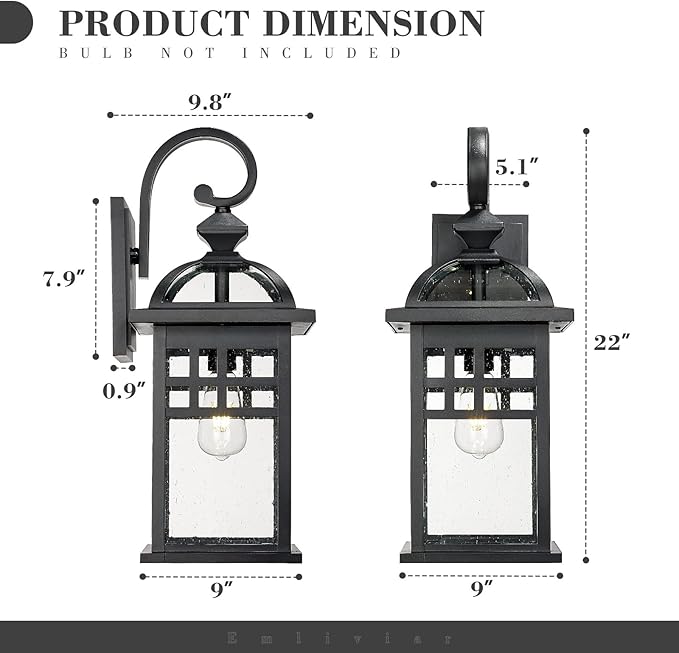 Emliviar Large Black Outdoor Wall Light, 22 Inch Farmhouse Outdoor Lights for House, Die-cast Aluminum with Seeded Glass Shade, DE281B-M BK