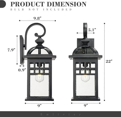 Emliviar Large Black Outdoor Wall Light, 22 Inch Farmhouse Outdoor Lights for House, Die-cast Aluminum with Seeded Glass Shade, DE281B-M BK