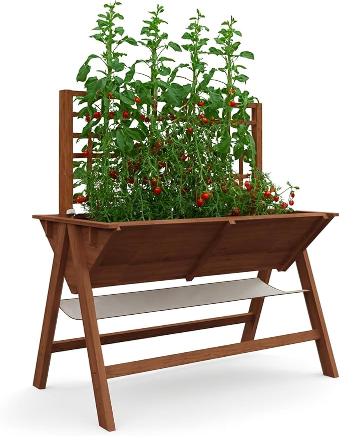 GarveeLife 52x30x54 Inch Tall Elevated Garden Bed with Legs, Standing Raised Planter Box with Climbing Trellis for Vegetables Flowers Herbs, Outdoor Wooden Standing Garden Bed-Brown