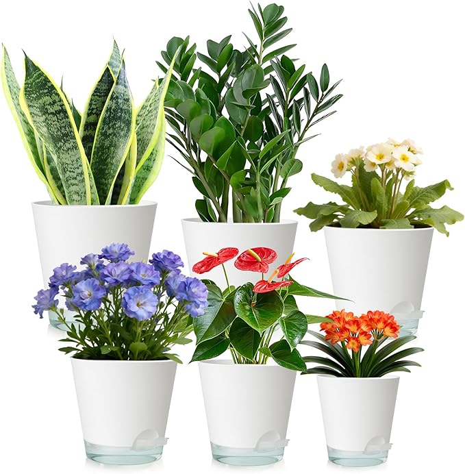 GARDIFE 2026 Upgraded Self Watering Plant Pots with Drainage Hole, 7/6.5/6/5.5/5/4 Inch Flower Planting Containers for House Plants, African Violet, Flowers, Cactus (White, 7+6.5+6+5.5+5+4 inch)