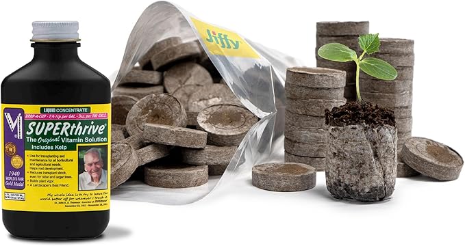 100 Count- Jiffy 36 MM Peat Soil Pellets Seeds Starting Plugs: Indoor Seed Starter- Start Planting Indoors for Transplanting to Garden and SUPERthrive Plant Vitamin Solution with Kelp, 4 Oz.