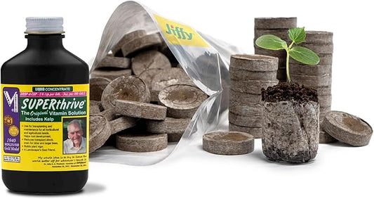 100 Count- Jiffy 36 MM Peat Soil Pellets Seeds Starting Plugs: Indoor Seed Starter- Start Planting Indoors for Transplanting to Garden and SUPERthrive Plant Vitamin Solution with Kelp, 4 Oz.