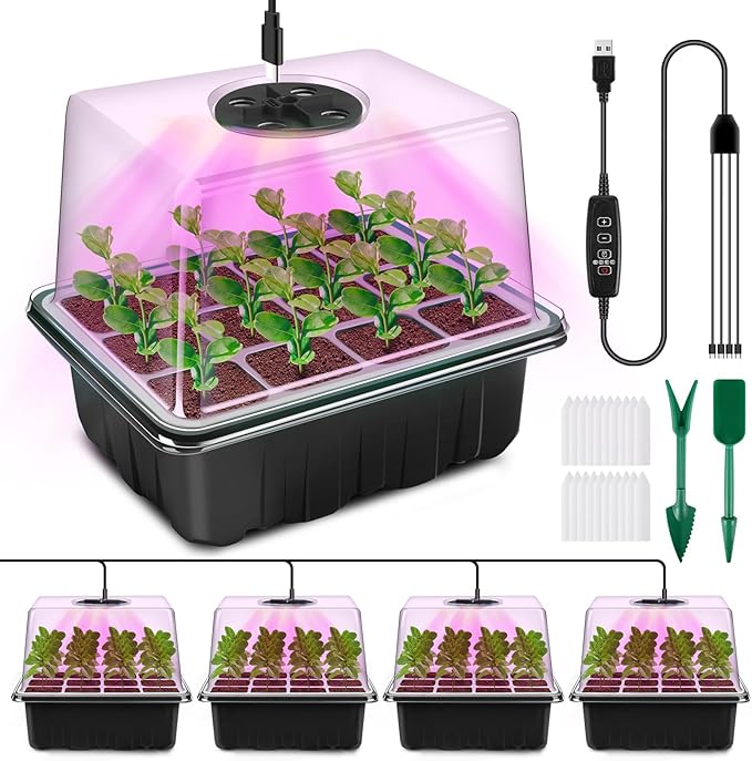 YAUNGEL Seed Starter Tray with Grow Light, 4 Pack Seed Starter Kit with Timing Controller Adjustable Brightness, Thicken Seedling Starter Trays with Humidity Domes Heightened Lids, Black