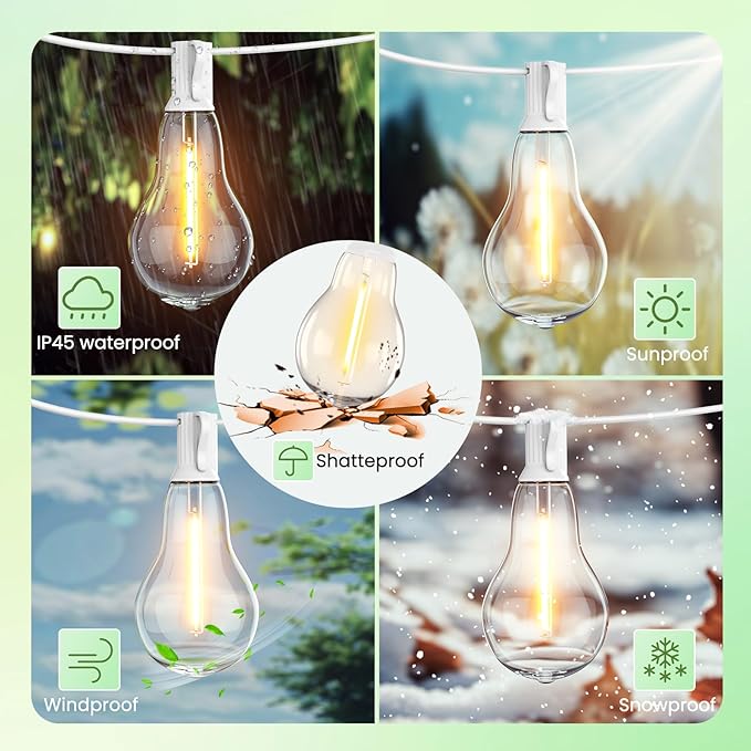 String Lights for Outside 200FT Patio Lights, LED String Light with 100+6(Spare) Waterproof Edison Bulbs, Hanging White Outdoor Light for Backyard, Bistro, Porch, Balcony,White Cord