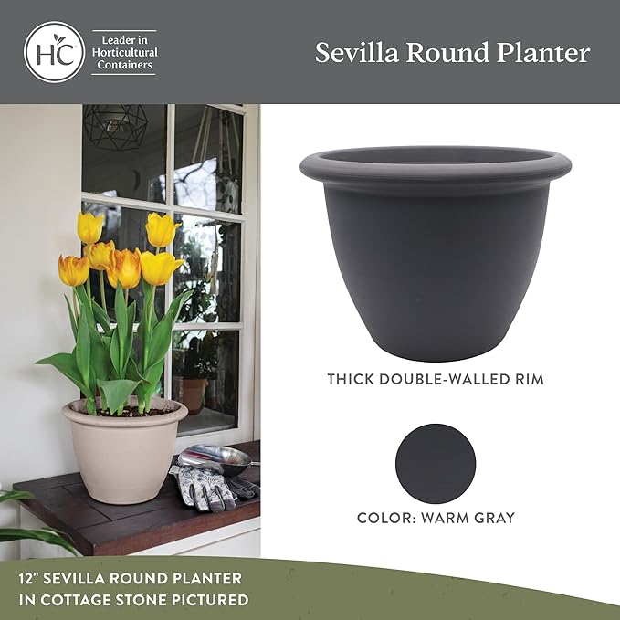 The HC Companies Sevilla Flower Planters - Durable Outdoor & Indoor Planter - Round Lightweight Self Watering Plant Pots for Herbs & More (12" Warm Gray, Pack of 1)