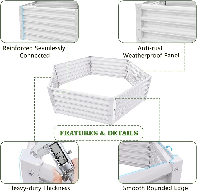 A ANLEOLIFE 3 Set Hexagon Galvanized Raised Garden Beds Outdoor,70x60x18in Metal Planter Box for Planting Vegetables Flowers Herb, Anti-Rust & Easy-Setup, Antique White