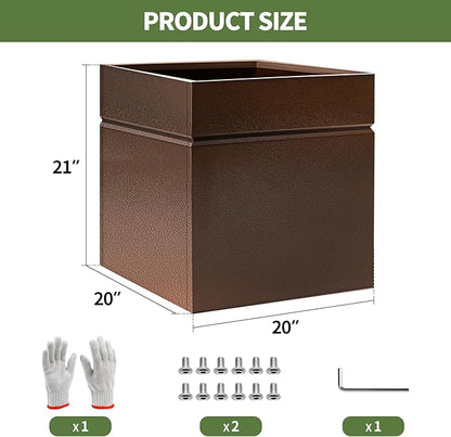 Matel Planter Box 20" L x 20" W x 21" H, Cube Heavy Duty Powder Coating Steel Planters with Drainage Hole, Indoor Outdoor All-Weather Use for Home, Porch, Patio, Garden(Bronze)