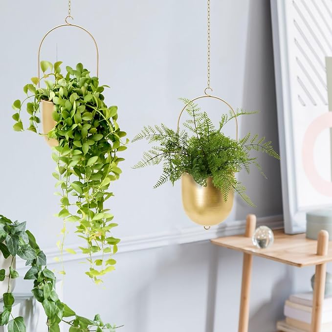Boho Hanging Planter, Set of 2 Gold Metal Plant Hanger with Hooks and Chains, Modern Wall & Ceiling Planters Outdoor/Indoor Hanging Planter for Window, Porch, Balcony and Home Décor