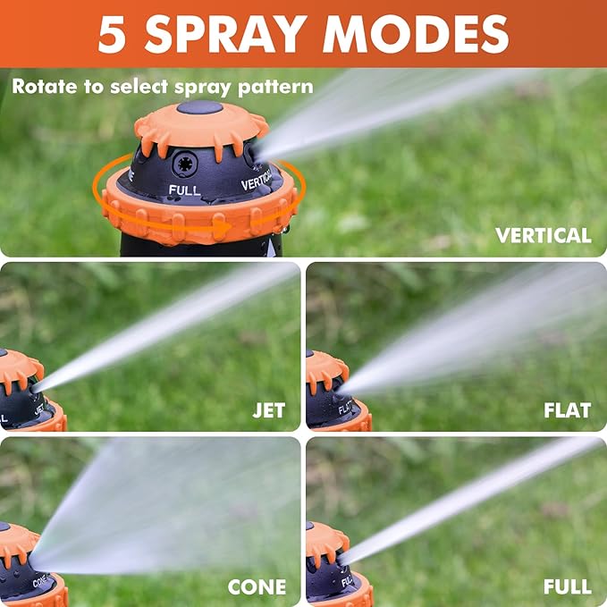 RESTMO Gear Drive Sprinkler with Metal Spike Base, 5-Pattern Heavy Duty Gardening Watering System, Multi-Adjustable Lawn Sprinkle for Garden Plant, Flower Bed and Large Yard Area Watering, Orange