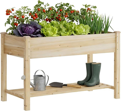 Raised Garden Bed with Legs, Wooden Planter Box with Storage Shelf, Elevated Wood Planter Box for Vegetables Flowers Herbs, Garden Planter for Backyard, Patio, Balcony, 48x24x30.7inch (Natural, M)