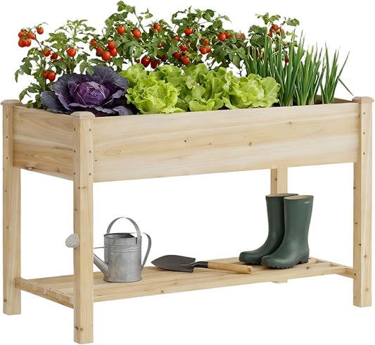 Raised Garden Bed with Legs, Wooden Planter Box with Storage Shelf, Elevated Wood Planter Box for Vegetables Flowers Herbs, Garden Planter for Backyard, Patio, Balcony, 48x24x30.7inch (Natural, M)