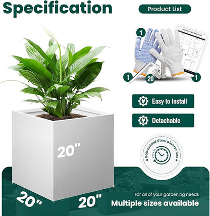 White Outdoor Planter Square Steel Planters Galvanized Steel Planter Box 20 Inch Indoor Metal Large Planters Cube Heavy Duty Modern Commercial Residential for Trees Patio Yard Garden