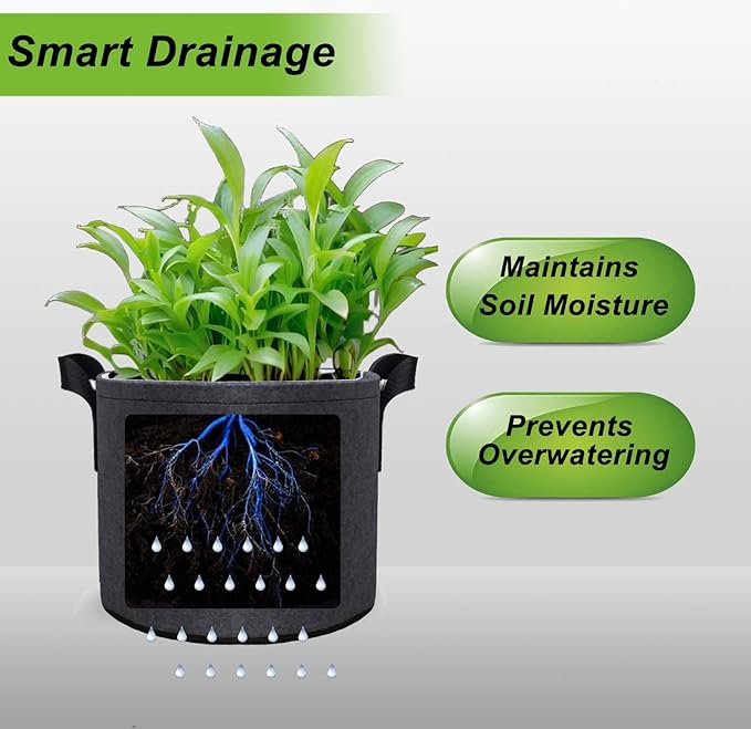 3 Gallon Grow Bags Set of 5,Thickened 300G Non-Woven Fabric Pots for Plants Outdoor - Reinforced Handles, Tear-Resistant Planter Pots Black Pot for Vegetables, Flowers, Gardening Supplies