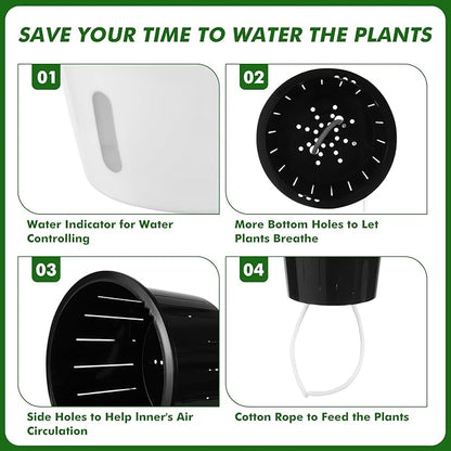 Planterhoma 6.7 Inch Self Watering Pots for Indoor Plants, 6 Packs African Violet Pots with Indicator, Black Wick Pot with Drainage Holes, Self Watering Planters for Orchid, Devil's Ivy, White